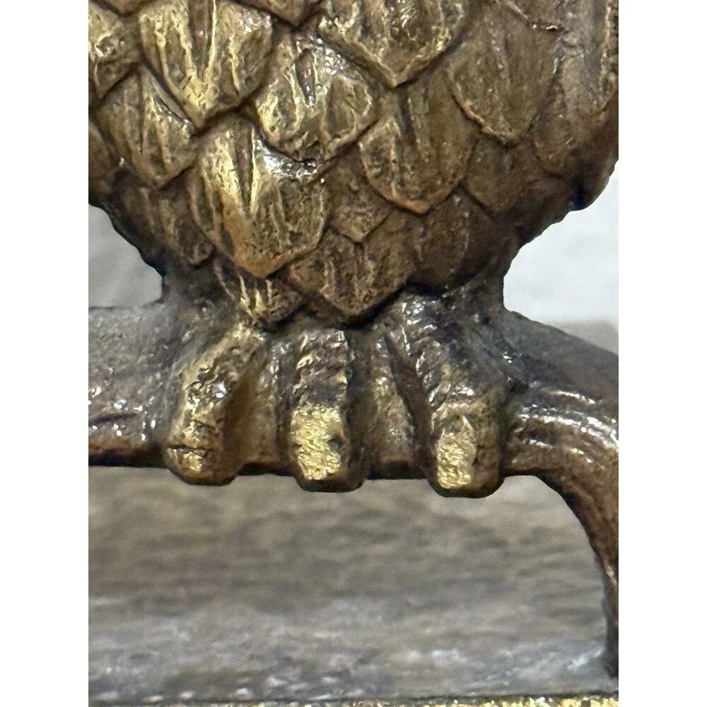 Vintage Owl Bookend Handmade Brass Bluish Green Eyes